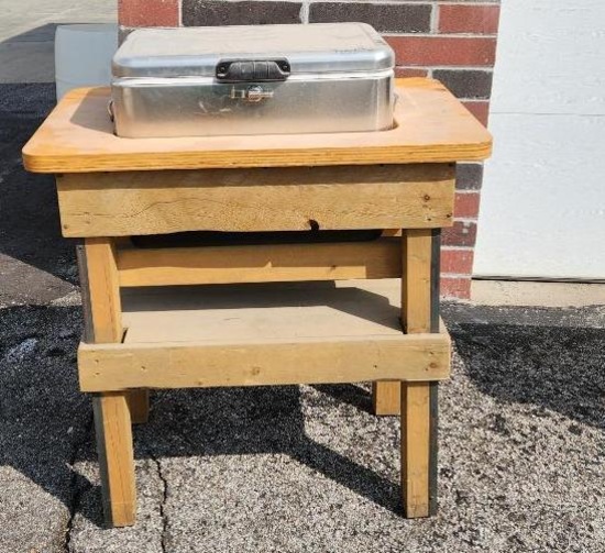 High-Quality Wood Display Station Table w/ Built-In Coleman Cooler 36in x 23in
