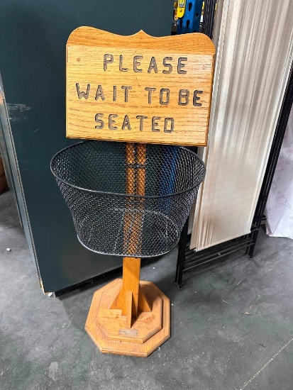 Wooden Please Be Seated Sign & Pedestal w/ Basket for Menus (Sign on Both Sides)