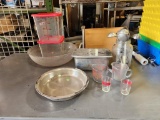 Group of NSF Kitchen Supplies; (2) 8qt Food Containers, Ladles, Measuring Cups, Pans, Bowl