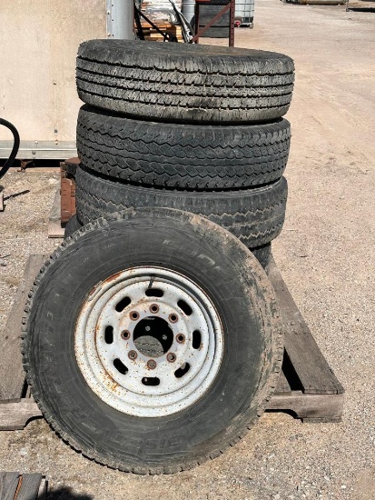 Four Tires and Rims, 8-Lug Rims, Firestone Transforce HT LT235/85R16