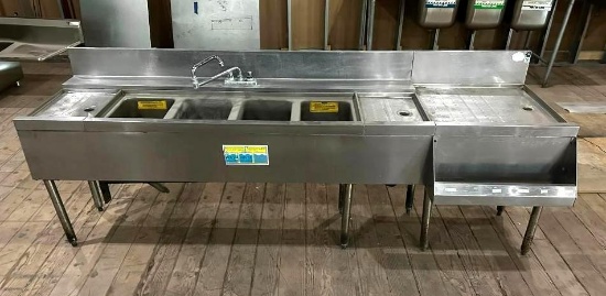 4-Compartment Commercial Undercounter Bar Sink w/ Right Return Drain Table & Speed Rail 96in
