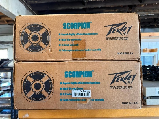 Pair of NOS PEAVY Scorpion Model SP-15825-RB Loudspeakers, Frame, Voice Coil, Cone and Basket
