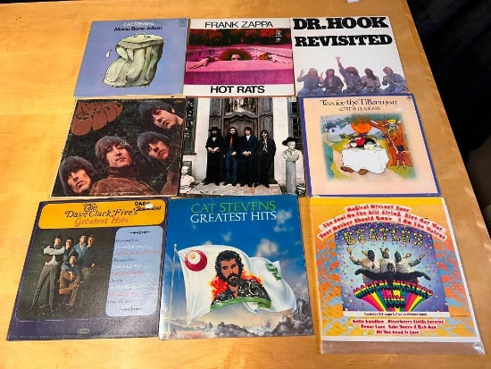 9 Vinyl 33rpm Records, Cat Stevens, Beatles, Frank Zappa, Dr Hook, Dave Clark Five, Magical Mystery