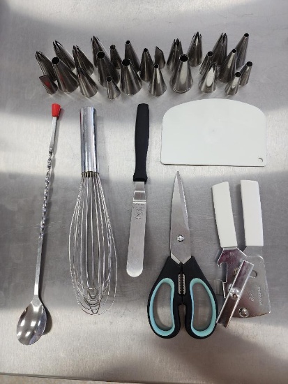 Group of Kitchen Supplies, Dexter Kitchen Shears, Can Opener, Whip, Icing Spatula, Bar Spoon, Pastry