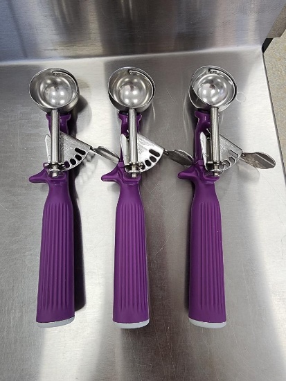 Lot of 3, Vollrath #40 Disher Thumb Action Scoops, NSF, Orchid, 3/4oz