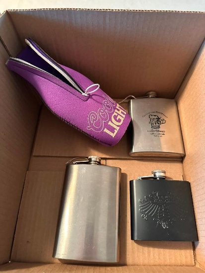 Three Whiskey Flasks and a Bottle Koozie