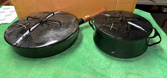 Pair of MCM Dansk Cookware, Enameled Fry Pan Skillet w/ Lid and Dutch Oven