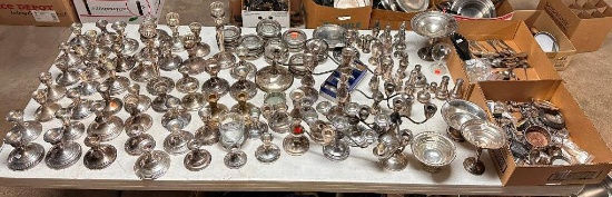 Huge Group of Sterling Silver Serving Pieces, Some Weighted Candleholders & Coasters, See Images