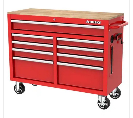 Husky 46 in. W x 18 in. D 9-Drawer Gloss Red Mobile Workbench Cabinet w/ Solid Wood Top