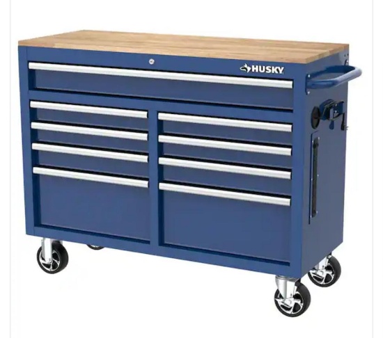 Husky 46 in. W x 18 in. D 9-Drawer Gloss Blue Mobile Workbench Cabinet w/ Solid Wood Top