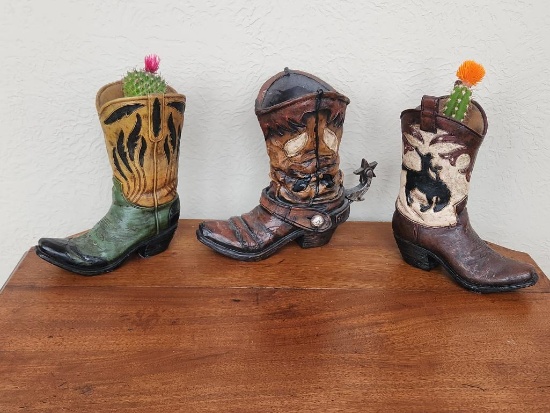 Three Ceramic Western Cowboy Boot Planters, 2 w/ Cactus