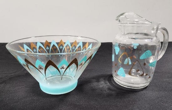 Lot of 2 Vintage Anchor Hocking Atomic Teal Glass Punch Bowl & Pitcher