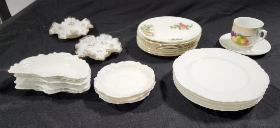 Haviland, Limoges, Royal Chelsea Audubon Birds Cardinal Plates, Ruffled Edge Dishes & Tea Cup