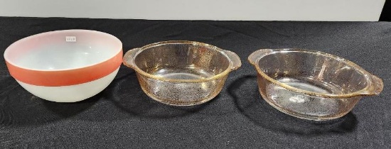Lot of 3 Vintage Fire King Oven Ware Colonial Pink Band Bowl & Casserole Dishes