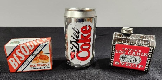 Lot of 3 Vintage Style Collectibles; Bisquick Box, Log Cabin Syrup & Diet Coke Piggy Banks