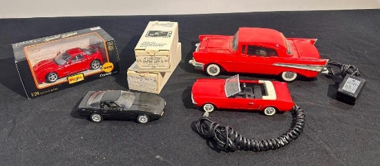 Lot of 6 Diecast Cars, Car Shaped Novelty Phone & Video Tape Rewinder