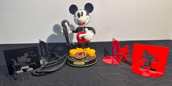 Lot of 3 Mickey Mouse Telephone & (2) Sets of Book Ends