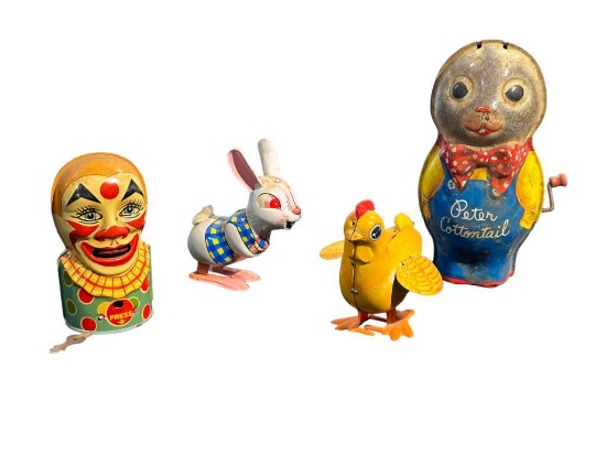 Vintage J. Chein Clown Machanical Bank, Mattel Music Windup & Marx Line Mar Windup Hopping Toys