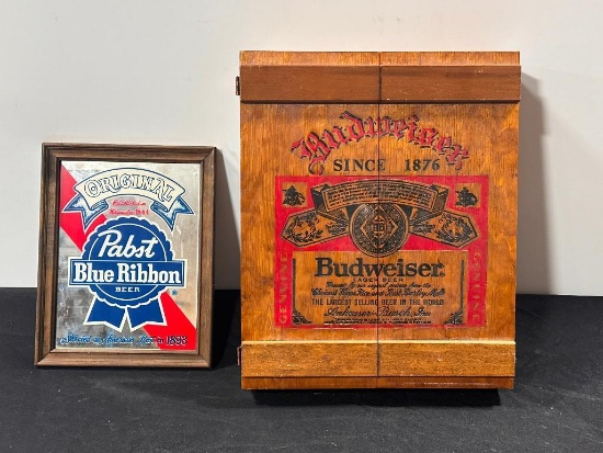 Lot of 2 Vintage Budweiser Lager Beer Wooden Cabinet & Pabst Blue Ribbon Bar Mirror Sign