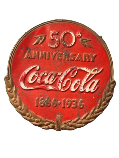 Rare 1936 Kay Displays, Inc Coca-Cola 50th Anniversary Embossed Tin Sign 16in