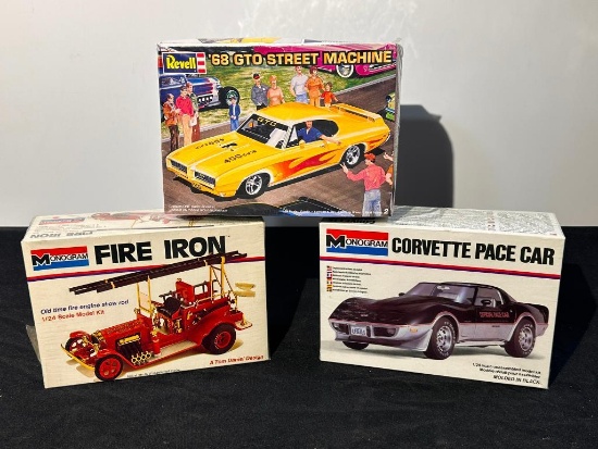 Lot of 3 Car Model Kits; Revell '68 GTO Street Machine, Monogram Fire Iron & Corvette Pace Car