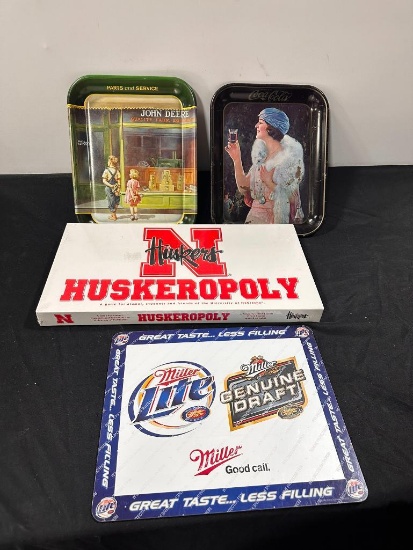 Lot of 4; Vintage Trays (John Deere & Coca Cola), Huskeropoly & Miller Beer Sign
