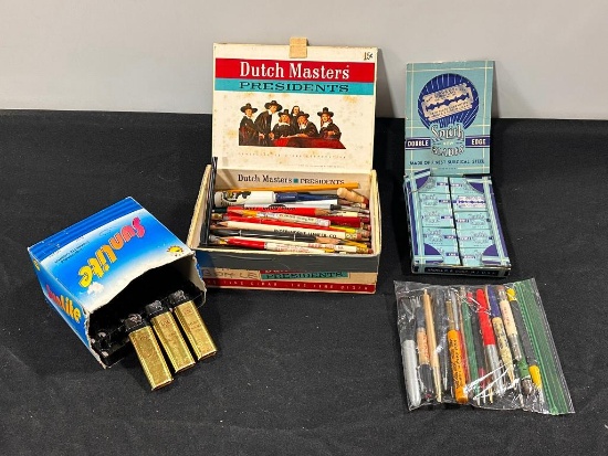 Vintage Items; Pens, Sunlite Lighters & Smith Blades in Display Case