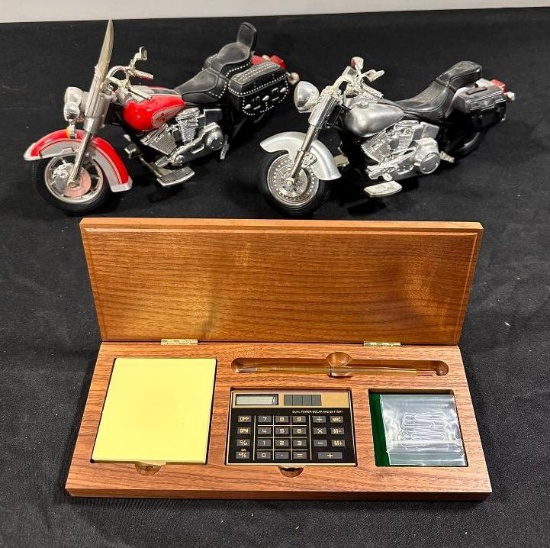 Lot of 3 Motorcycle Diecast Models & Desk Organizer w/ Clock