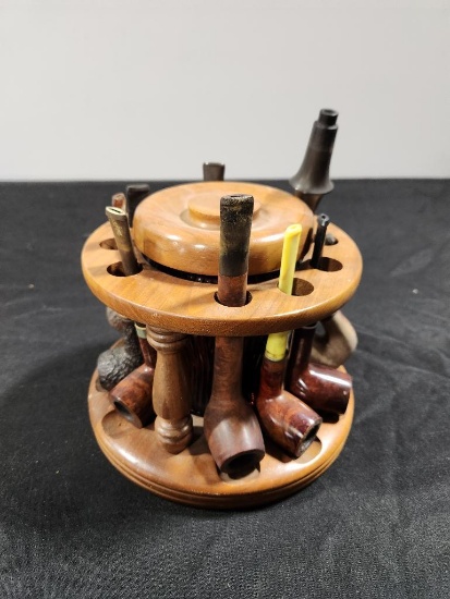 Group of Tobacco Pipes in Carousel, Cleaners & Pipe Rests
