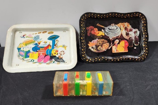 Vintage Items; Tumble Tower Toy, Coca Cola Serving Tray & Disney Casey Jr. Bed Tray