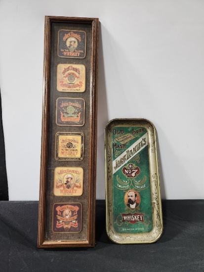 Lot of 2 Vintage Jack Daniel's Whiskey Coaster Framed Collection & Serving Tray