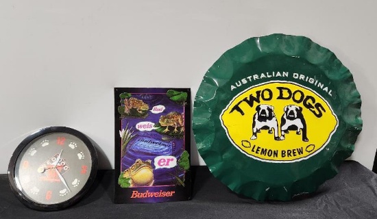 Lot of 3 Beer Advertising; Red Dog Clock, Budweiser Frog Beer Sign & Two Dogs Lemon Brew Cap Sign