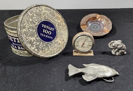 Lot of 5 Vintage Items; Tetley Tea Bag Metal Tin Box, Thermometer, Ash Tray, Elephant & Fish