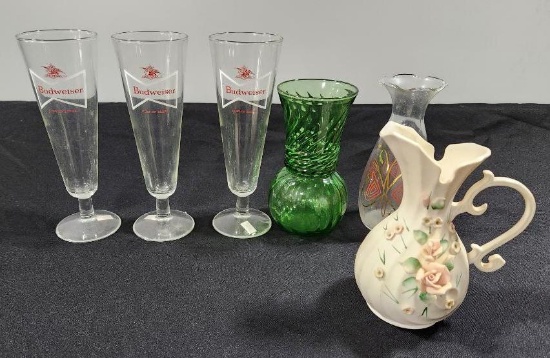 Budweiser Footed Pilsner Glasses, Pitcher & Vases