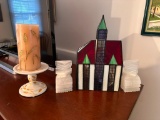 Electric Stained Glass Church, Marble Bookends, Candle & Holder