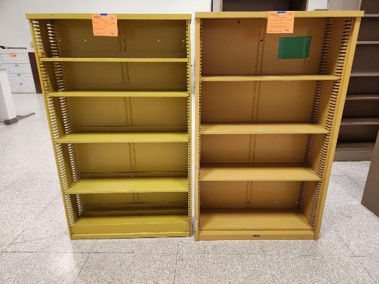 Lot of 2 Yellow Green Metal Bookcases 35 1/2" x 9 1/2" x 60"