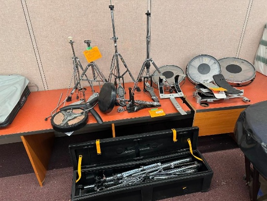 Percussion Grouping; Drum Harness, Several Drum Stands, 2 Stools, 3 Drums, Case for Stands