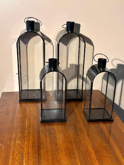 Four Glass & Metal Lantern Enclosures (For Candles or Lights), Large & Small, Matching