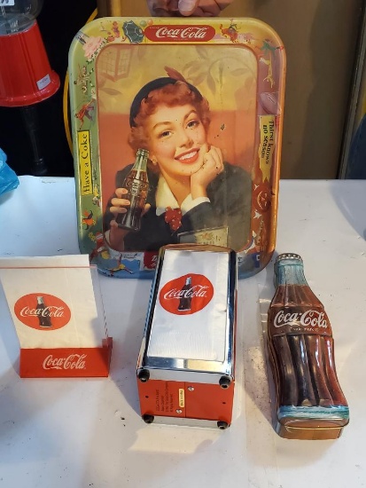Vintage Coca Cola Tin Tray, Menu Holder, Napkin Dispenser, Case & Straw Holder