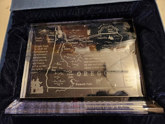 KC Crystal Lewis & Clark Corps of Discovery Oregon Etched Glass Plaque