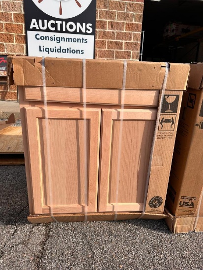 New in Box Unfinished Base Cabinet, 27in w x 34.5in h x 24in d