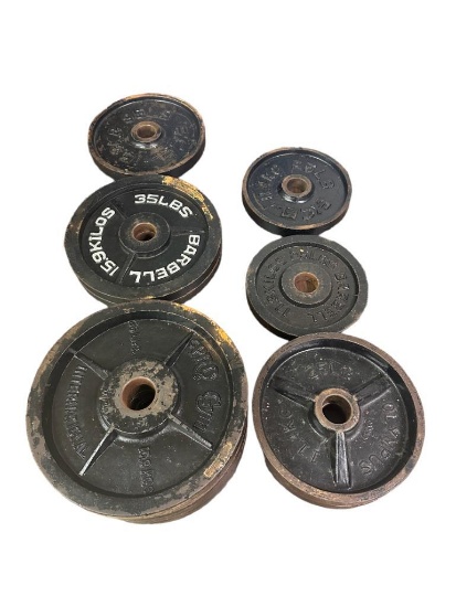 Cast Iron Steel Plates, (9) 35lb Plates, (4) 25lb Plates