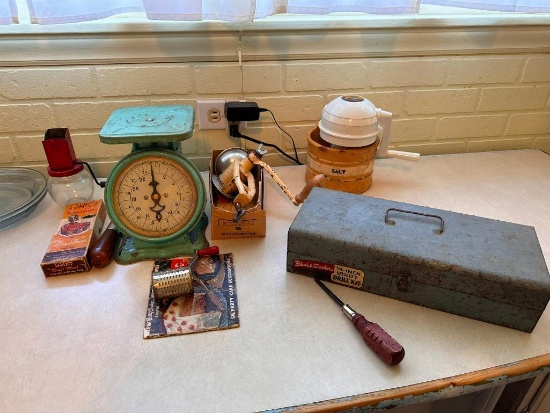 Small Collectibles, Kitchen Scale, Toolbox, Salt Pottery, Misc.