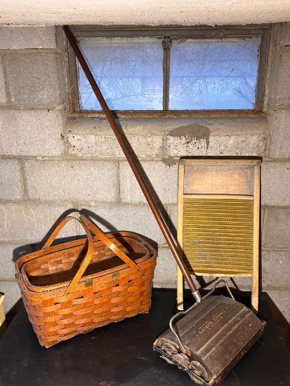 Bissel's Grand Rapids Antique Vacuum, Washboard and Picnic Basket Missing Lid