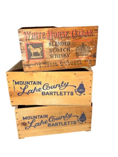 3 Vintage Wood Crates, White Horse Scotch w/ Omaha Stamp