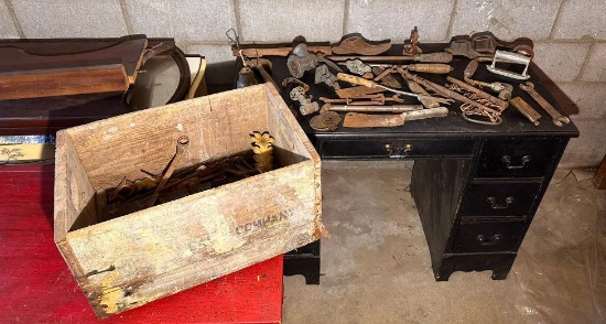 Wood Crate Full of Antique Tools and Hardware