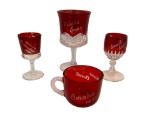 4pc Antique 1898 Omaha Exhibition Souvenir Glass, Ruby Red, Omaha Expo