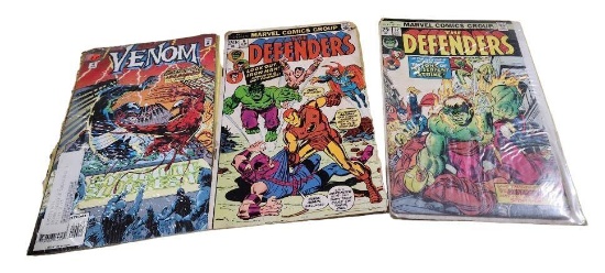 Three Vintage Comic Books, The Defenders, Venom 20 Cent, 25 Cent