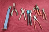 Group of Clean Tools, Dikes, Cutters, Snips, Needlenose, Pliers, Pry Bar, Riveter