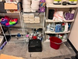 Three Shelves and Large Amount of Cleaning Supplies, Bathroom Supplies, Paper Towels, Bucket & More